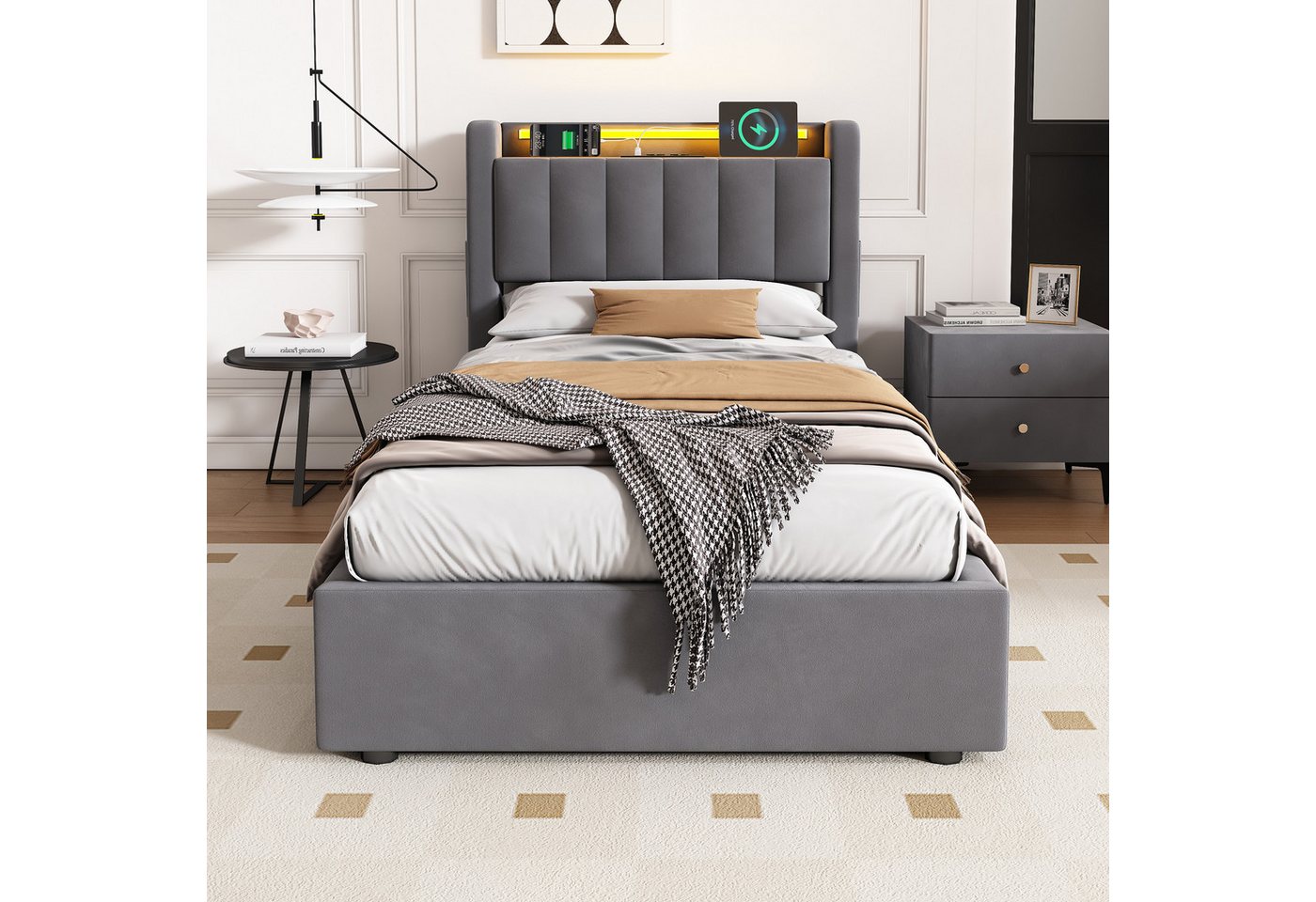OKWISH Polsterbett mit Hydraulik, LED-Beleuchtung, Steckdosen und USB-Ladeanschlüssen (Funktionsbett, 1-tlg., 90x200 cm, Samt,ohne Matratze), Kopfteil mit Einle – Bild 5 von 5