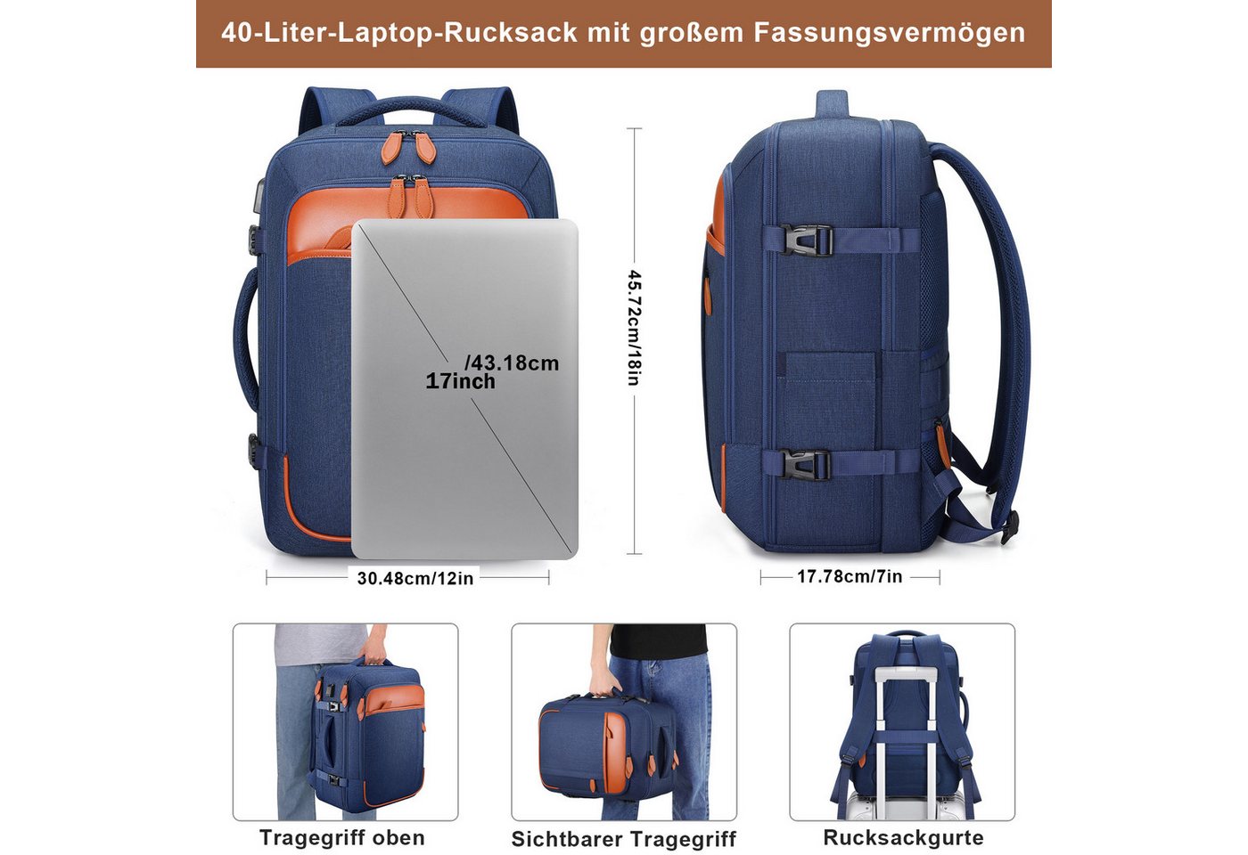 OKWISH Reiserucksack Laptoprucksack Freizeitrucksack Handgepäcktasche (mit 4 Aufbewahrungstaschen Reisen Multifunktion Tasche, Anti-Diebstahl, Schultergurten, m – Bild 4 von 5