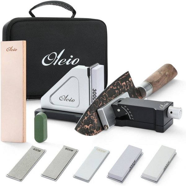 Oleio Messerschärfer Rollschleifer-Set stufenlos einstellbar 5 Schleifplatten + Abziehleder, Stufenlos einstellbarer Schleifwinkel