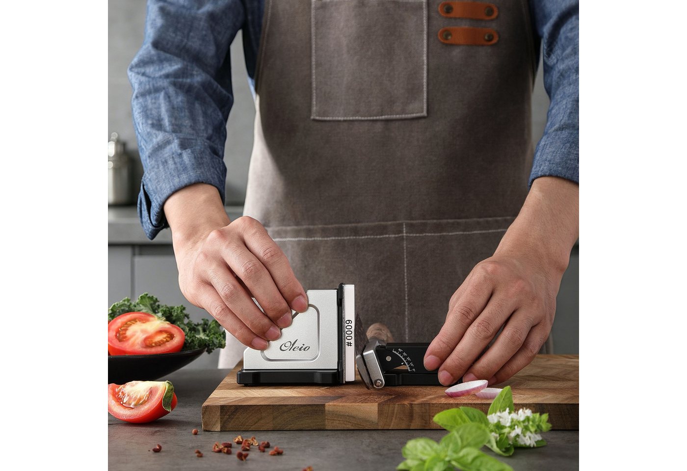 Oleio Messerschärfer Rollschleifer-Set stufenlos einstellbar 5 Schleifplatten + Abziehleder, Stufenlos einstellbarer Schleifwinkel – Bild 2 von 5