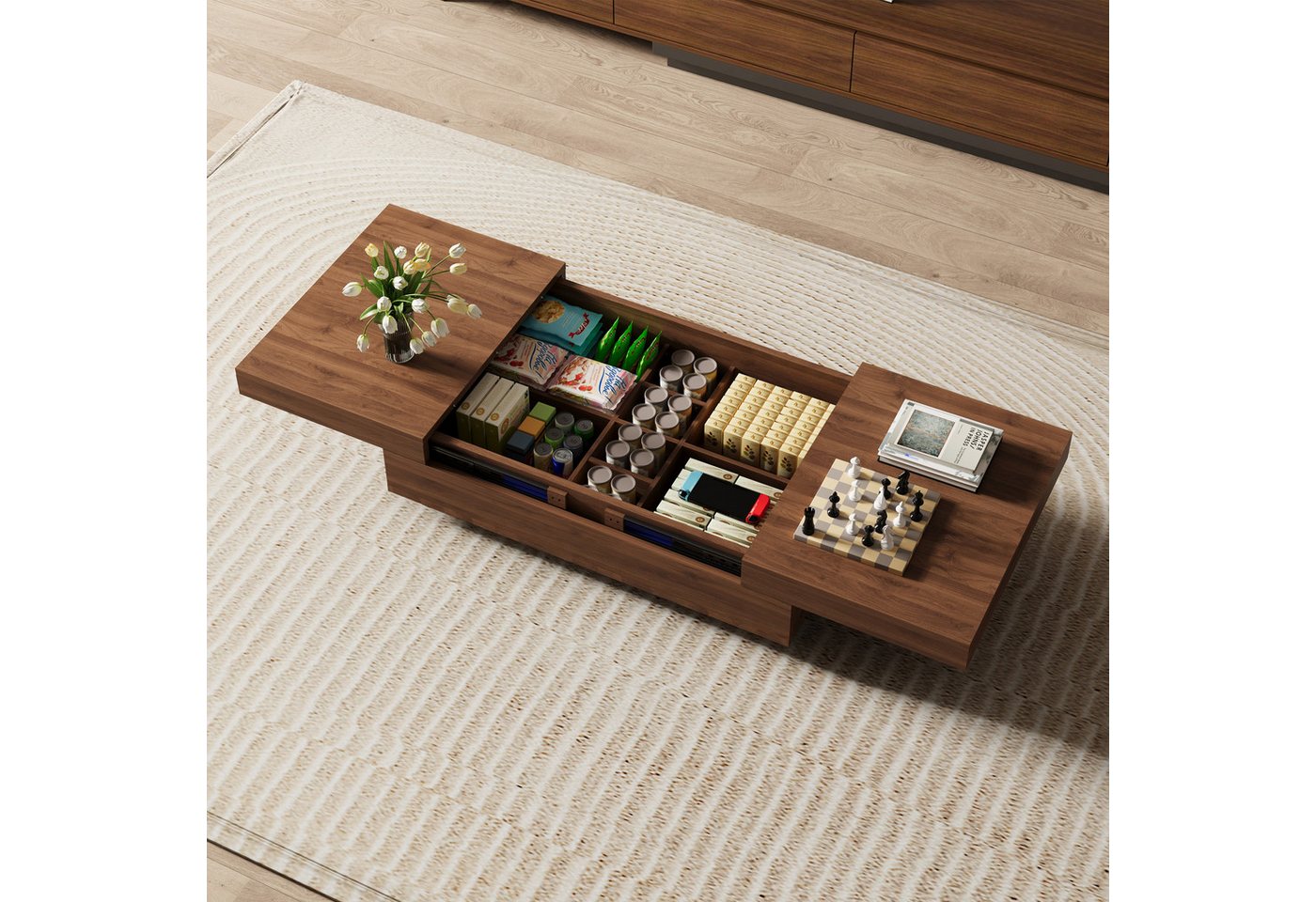 oleyluckidea Couchtisch Ausziehbarer Kaffeetisch mit Stauraum, Wohnzimmertisch Sofatisch (Einzelstück), Breite 120 cm, Nussbaum 120-208 cm für Wohnzimmer – Bild 2 von 5