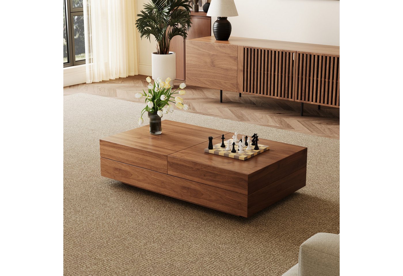 oleyluckidea Couchtisch Ausziehbarer Kaffeetisch mit Stauraum, Wohnzimmertisch Sofatisch (Einzelstück), Breite 120 cm, Nussbaum 120-208 cm für Wohnzimmer – Bild 3 von 5