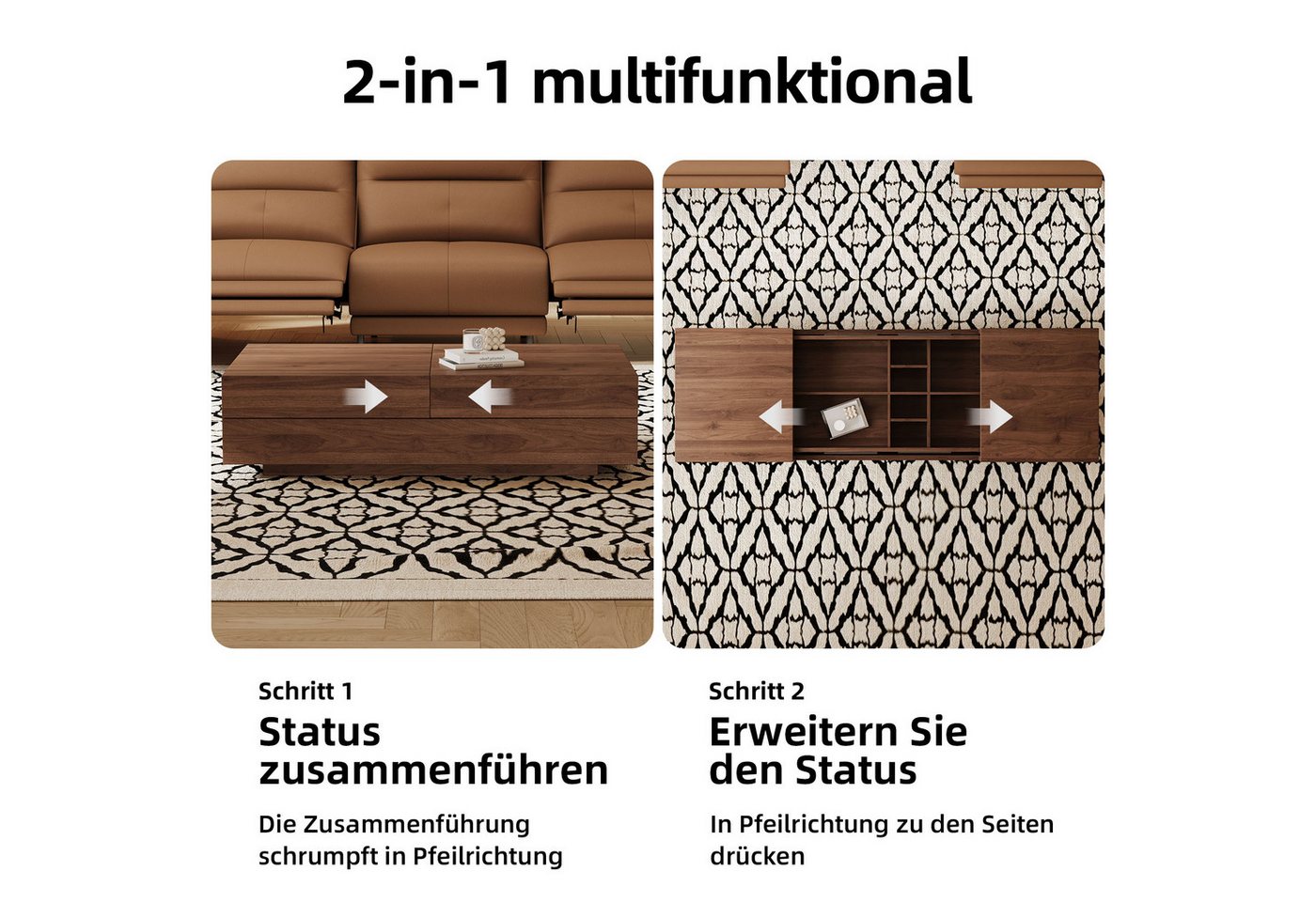 oleyluckidea Couchtisch Ausziehbarer Kaffeetisch mit Stauraum, Wohnzimmertisch Sofatisch (Einzelstück), Breite 120 cm, Nussbaum 120-208 cm für Wohnzimmer – Bild 4 von 5