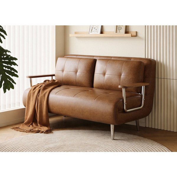 oleyluckidea Schlafsofa 150cm,Lederoptik Sofa ausziehbare Schlafcouch mit Schlaffunktion,braun, Zum Bett umwandelbar, Bettfunktion, Sofabett