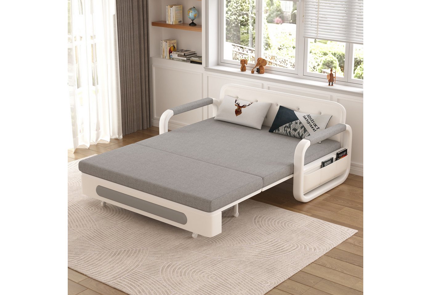 oleyluckidea Schlafsofa Ausziehbares,schlafcouch mit Stauraum und Latexmatratze,sofabett Weiß, Zum Bett umwandelbar – Bild 3 von 5