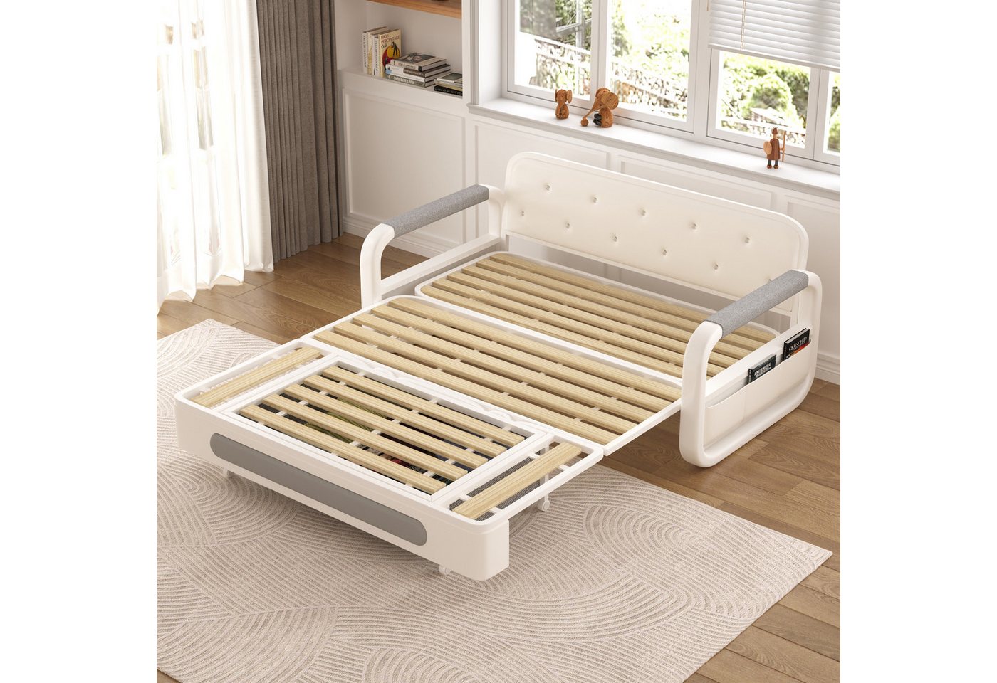 oleyluckidea Schlafsofa Ausziehbares Schlafcouch mit Stauraum für kleine Räume,Weiß, Zum Bett umwandelbar, Verfügbare Größen: 128 cm und 150 cm, sofabett – Bild 4 von 5