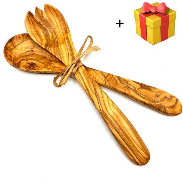 Olivenholz-erleben Salatbesteck Salatbesteck mittel mit Bastband (Set, 2-tlg., 1x Salatlöffel, 1x Salatgabel), Stilvoll Salate servieren – ein echter Blickfang 