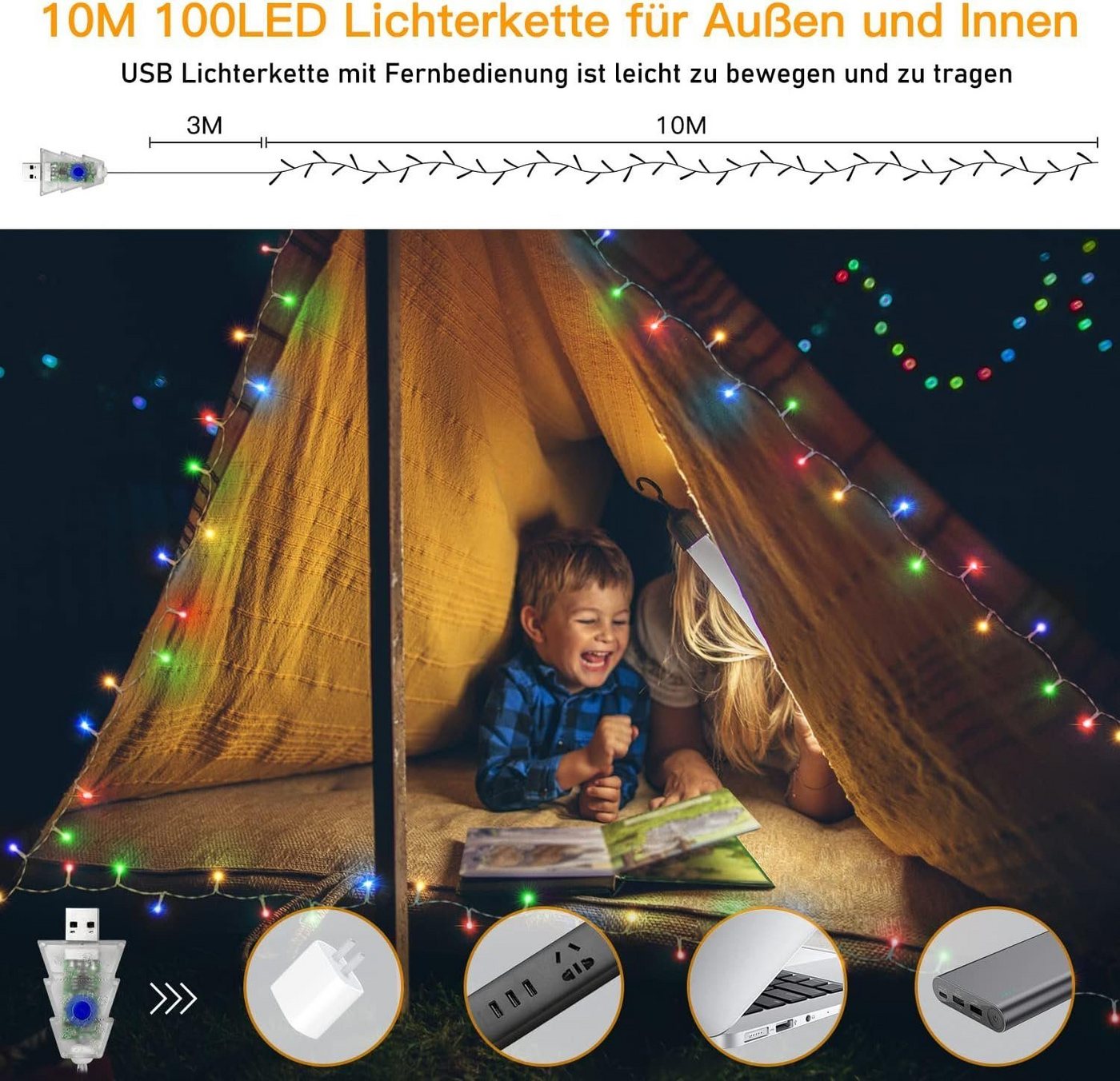 Ollny LED-Lichterkette, 100-flammig, USB-betrieben, 11 Leuchtmodi, dimmbar, Timer-Funktion – Bild 3 von 5