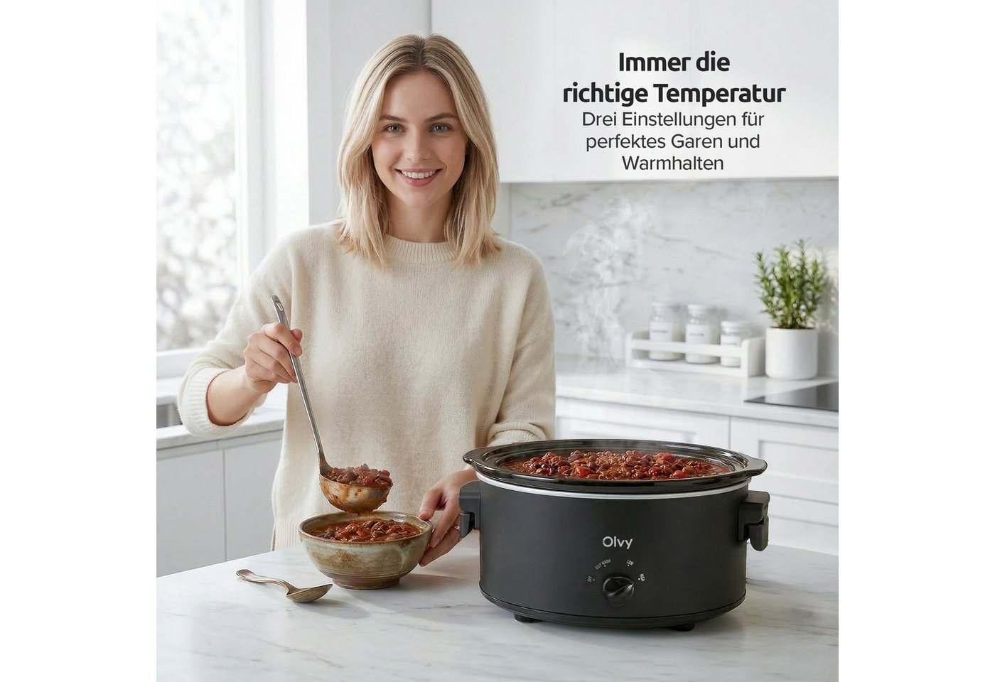 Olvy Schongarer Analog, 6L, PFAS-frei, Braten & Schmoren, Slow Cooker, Spülmaschinenfester Innentopf aus Keramik, 3 Temperaturstufen – Bild 3 von 5