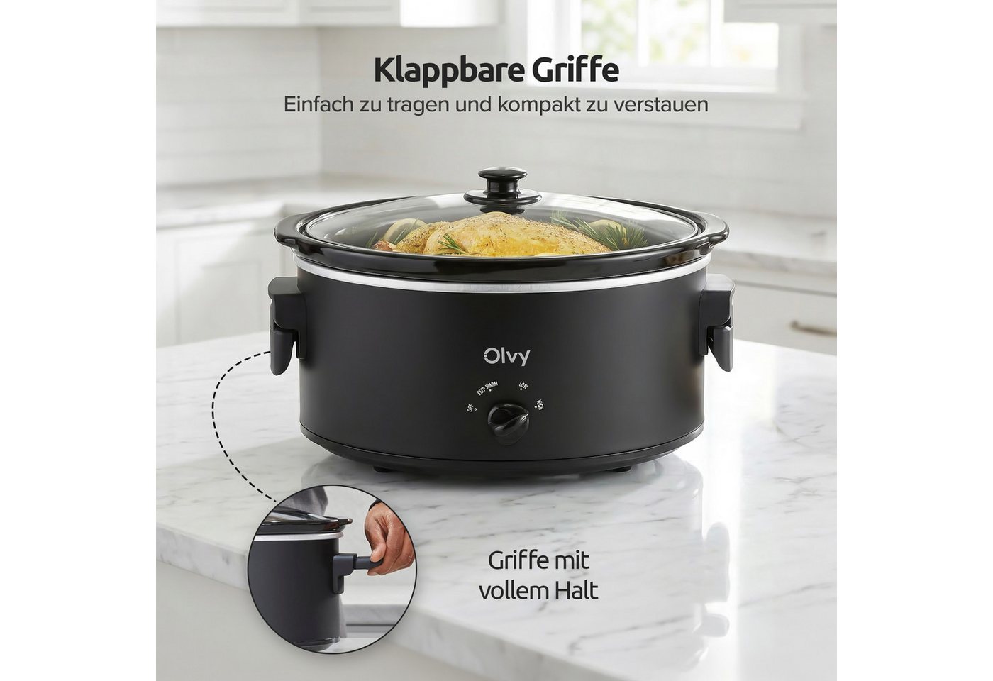 Olvy Schongarer Analog, 6L, PFAS-frei, Braten & Schmoren, Slow Cooker, Spülmaschinenfester Innentopf aus Keramik, 3 Temperaturstufen – Bild 4 von 5