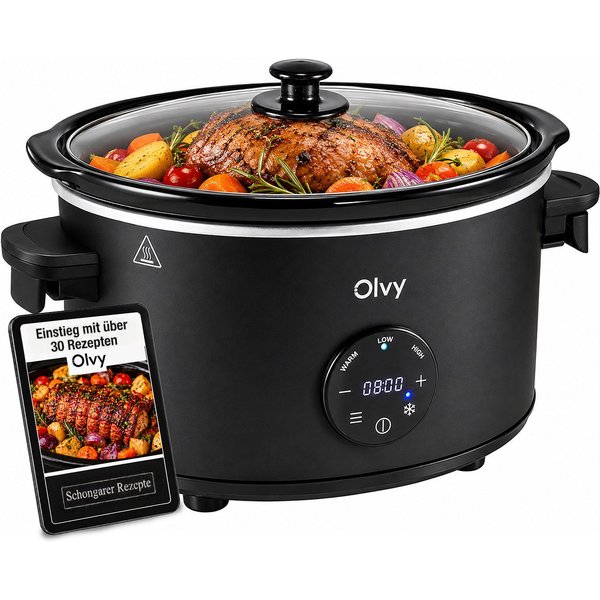 Olvy Schongarer Digital Display, 6L, PFAS-frei, Braten & Schmoren, Spülmaschinenfester Innentopf aus Keramik, 24h Timer