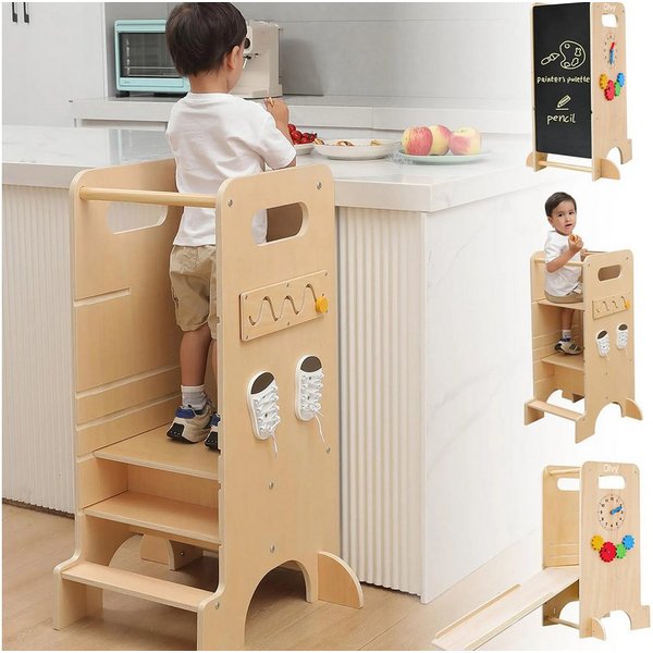 Olvy Stehhilfe Lernturm aus Holz, für Kinder ab 1 Jahr mit Rausfallschutz, 4-in-1 (1 St), mit Tafel, Rutsche & Montessori Spielen, glatte Kanten