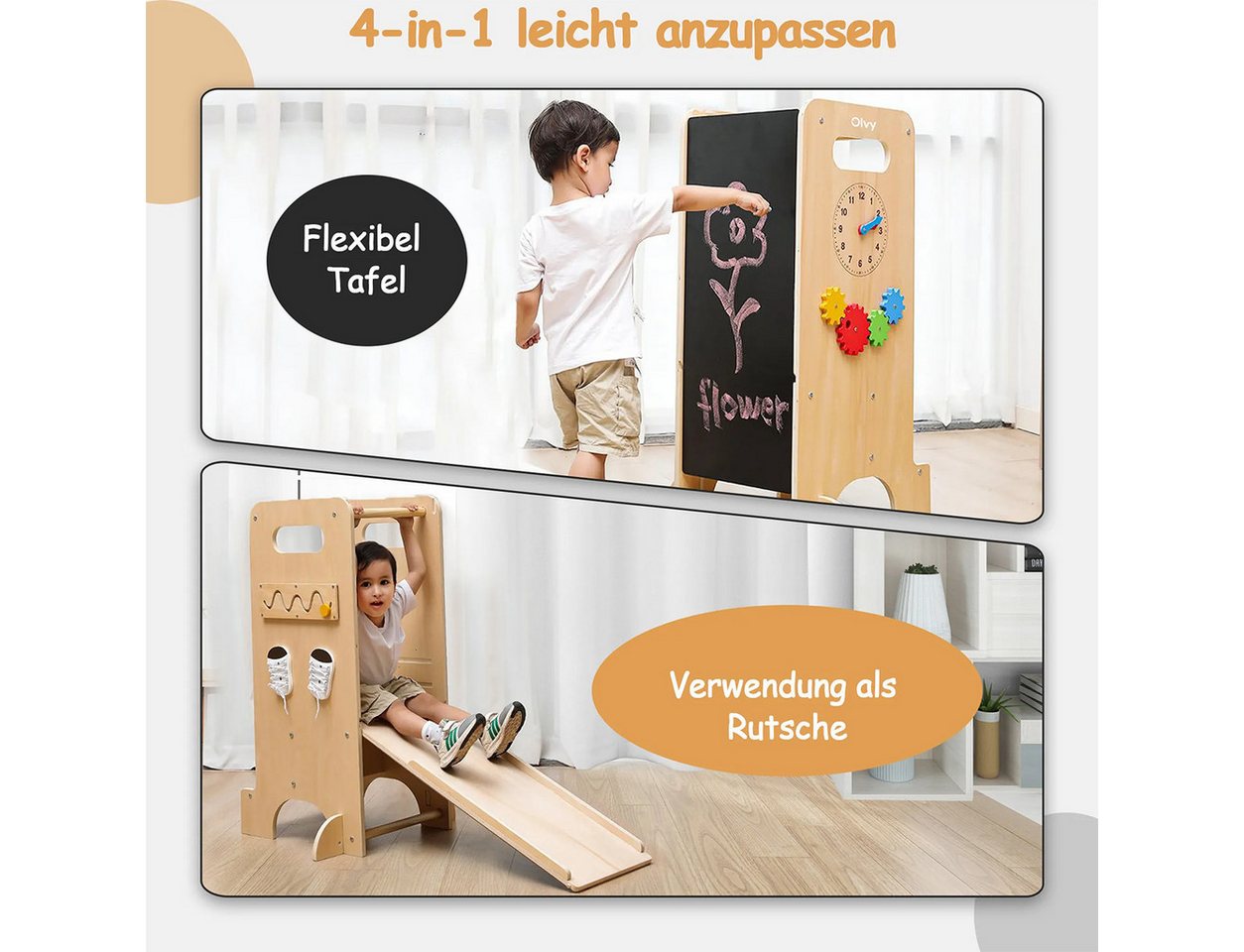 Olvy Stehhilfe Lernturm aus Holz, für Kinder ab 1 Jahr mit Rausfallschutz, 4-in-1 (1 St), mit Tafel, Rutsche & Montessori Spielen, glatte Kanten – Bild 2 von 5