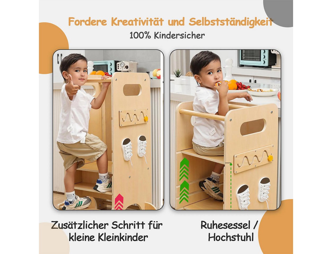 Olvy Stehhilfe Lernturm aus Holz, für Kinder ab 1 Jahr mit Rausfallschutz, 4-in-1 (1 St), mit Tafel, Rutsche & Montessori Spielen, glatte Kanten – Bild 3 von 5
