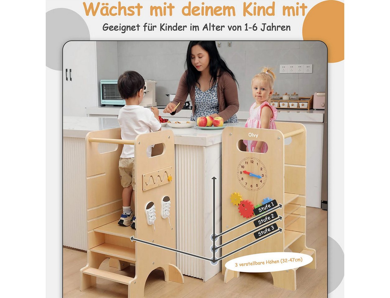 Olvy Stehhilfe Lernturm aus Holz, für Kinder ab 1 Jahr mit Rausfallschutz, 4-in-1 (1 St), mit Tafel, Rutsche & Montessori Spielen, glatte Kanten – Bild 4 von 5