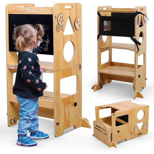 Olvy Stehhilfe Lernturm aus Holz, für Kinder ab 1 Jahr mit Rausfallschutz, 3-in-1 (1 St), klappbar, mit Kreidetafel und Montessori Spiel, glatte Kanten