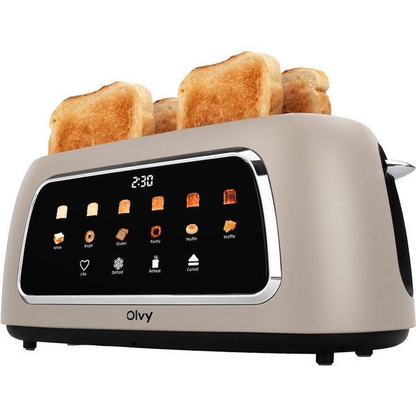 Olvy Toaster mit LCD-Touch-Display & Auftau-Funktion Krümelschublade, 2 lange Schlitze, für 4 Scheiben, 1500 W, 40 x 17,3 x 17,8 cm, 6 Bräunungsstufen mit Memor