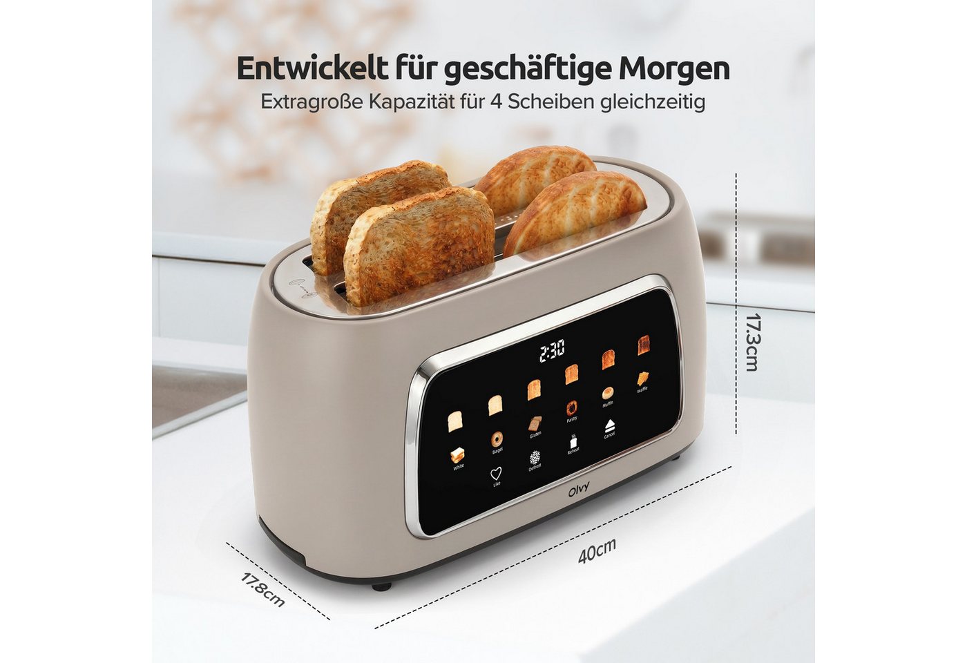 Olvy Toaster mit LCD-Touch-Display & Auftau-Funktion Krümelschublade, 2 lange Schlitze, für 4 Scheiben, 1500 W, 40 x 17,3 x 17,8 cm, 6 Bräunungsstufen mit Memor – Bild 2 von 5