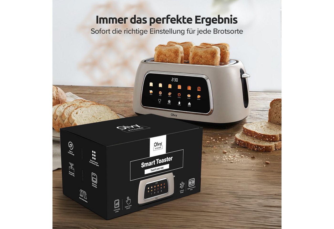 Olvy Toaster mit LCD-Touch-Display & Auftau-Funktion Krümelschublade, 2 lange Schlitze, für 4 Scheiben, 1500 W, 40 x 17,3 x 17,8 cm, 6 Bräunungsstufen mit Memor – Bild 3 von 5