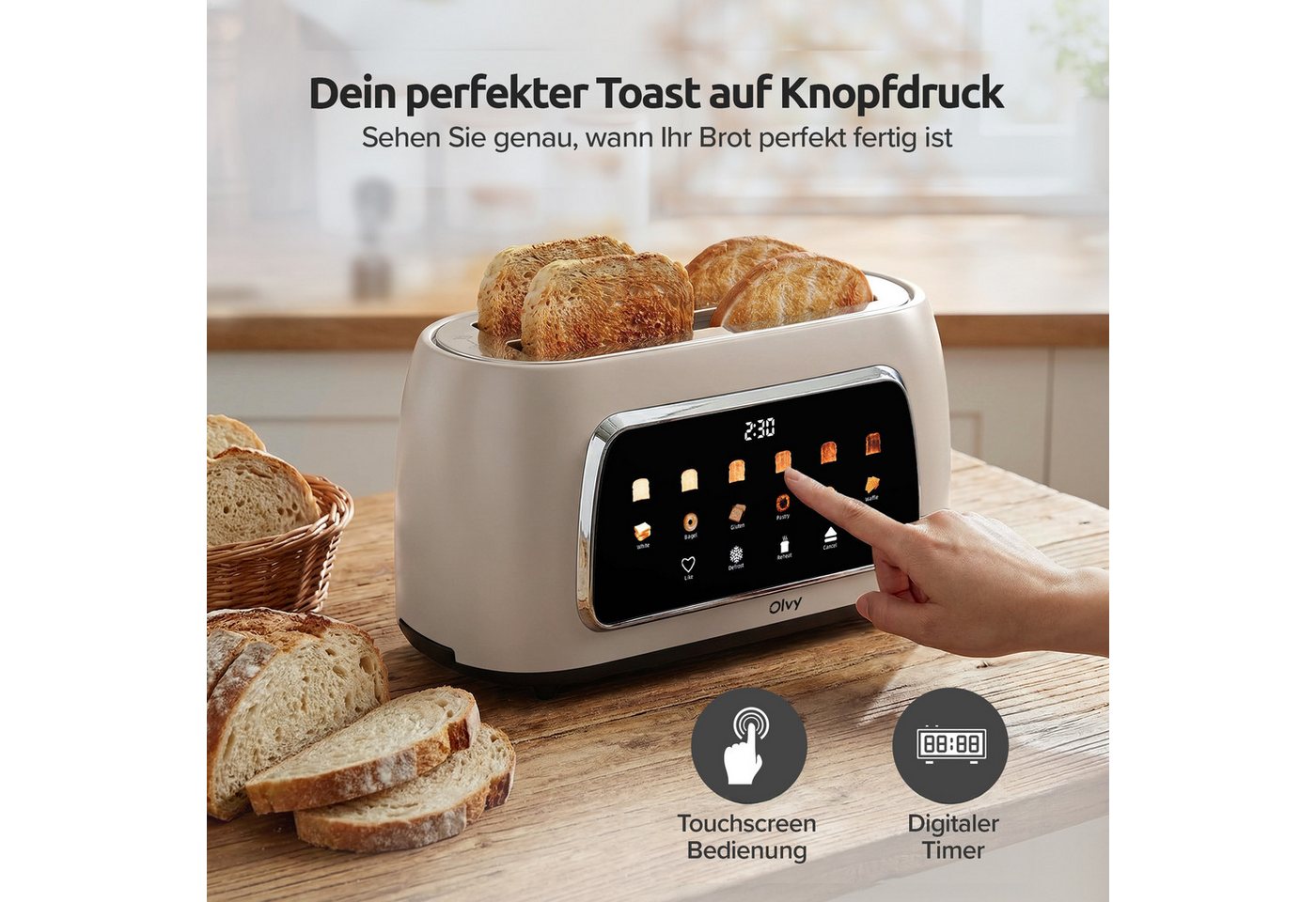 Olvy Toaster mit LCD-Touch-Display & Auftau-Funktion Krümelschublade, 2 lange Schlitze, für 4 Scheiben, 1500 W, 40 x 17,3 x 17,8 cm, 6 Bräunungsstufen mit Memor – Bild 4 von 5