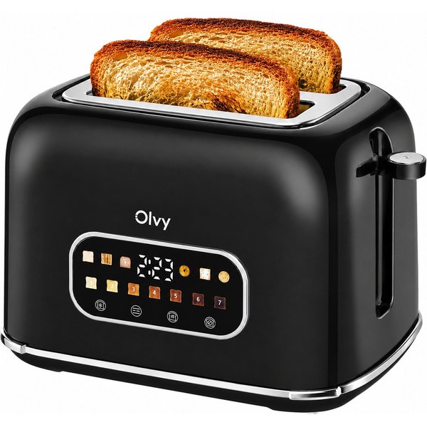 Olvy Toaster mit LCD-Touch-Display & Auftau-Funktion Krümelschublade, 2 kurze Schlitze, für 2 Scheiben, 900 W, 28,7 x 18,5 x 18,5 cm, 7 Bräunungsstufen mit Time