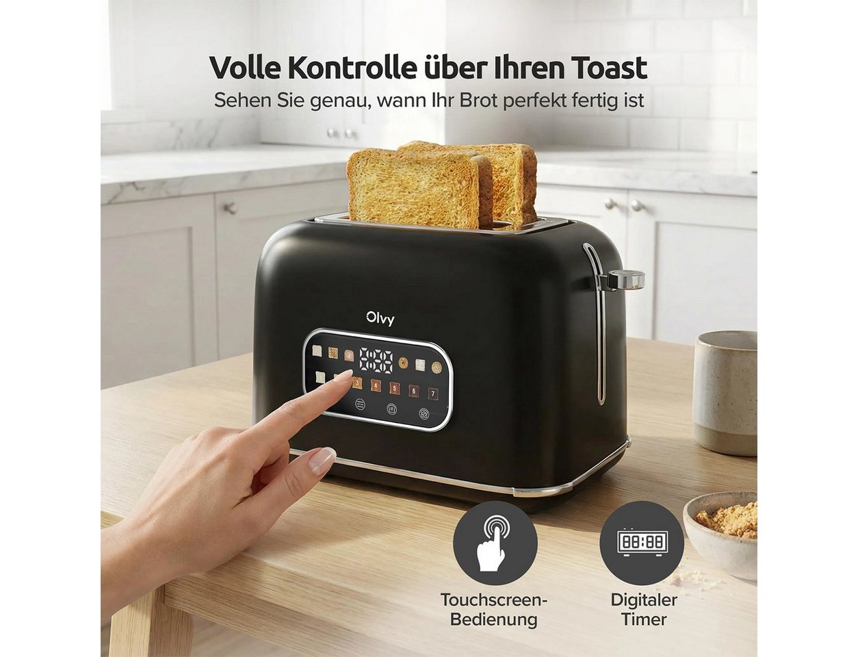 Olvy Toaster mit LCD-Touch-Display & Auftau-Funktion Krümelschublade, 2 kurze Schlitze, für 2 Scheiben, 900 W, 28,7 x 18,5 x 18,5 cm, 7 Bräunungsstufen mit Time – Bild 2 von 5