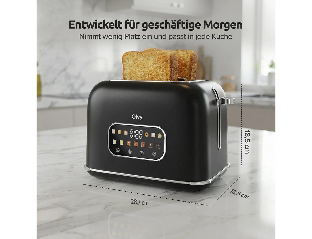 Olvy Toaster mit LCD-Touch-Display & Auftau-Funktion Krümelschublade, 2 kurze Schlitze, für 2 Scheiben, 900 W, 28,7 x 18,5 x 18,5 cm, 7 Bräunungsstufen mit Time – Bild 3 von 5