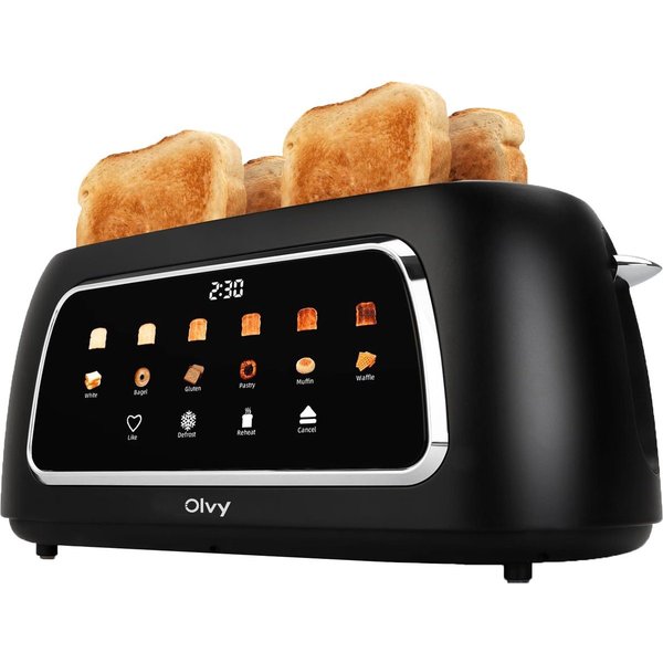 Olvy Toaster mit LCD-Touch-Display & Auftau-Funktion Krümelschublade, 2 lange Schlitze, für 4 Scheiben, 1500 W, 40 x 17,3 x 17,8 cm, 6 Bräunungsstufen mit Memor