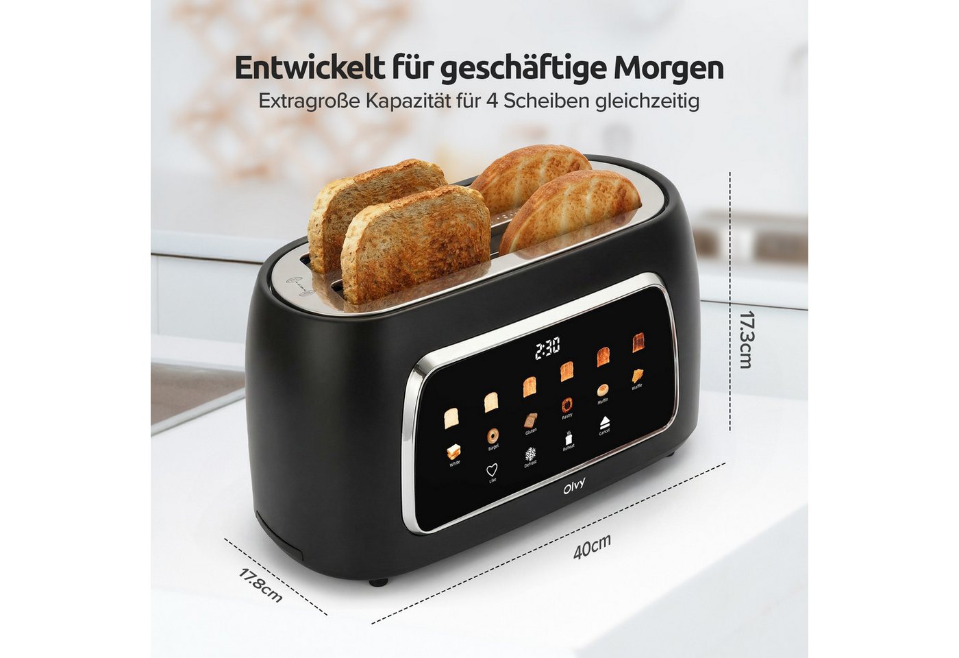 Olvy Toaster mit LCD-Touch-Display & Auftau-Funktion Krümelschublade, 2 lange Schlitze, für 4 Scheiben, 1500 W, 40 x 17,3 x 17,8 cm, 6 Bräunungsstufen mit Memor – Bild 2 von 5