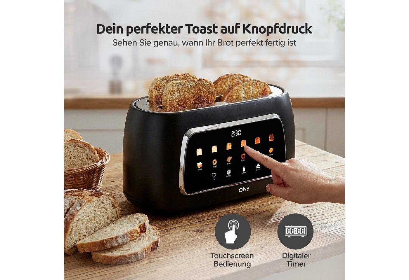 Olvy Toaster mit LCD-Touch-Display & Auftau-Funktion Krümelschublade, 2 lange Schlitze, für 4 Scheiben, 1500 W, 40 x 17,3 x 17,8 cm, 6 Bräunungsstufen mit Memor – Bild 4 von 5