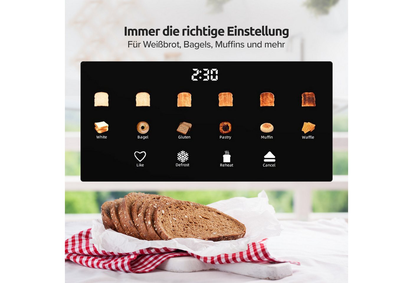 Olvy Toaster mit LCD-Touch-Display & Auftau-Funktion Krümelschublade, 2 lange Schlitze, für 4 Scheiben, 1500 W, 40 x 17,3 x 17,8 cm, 6 Bräunungsstufen mit Memor – Bild 5 von 5