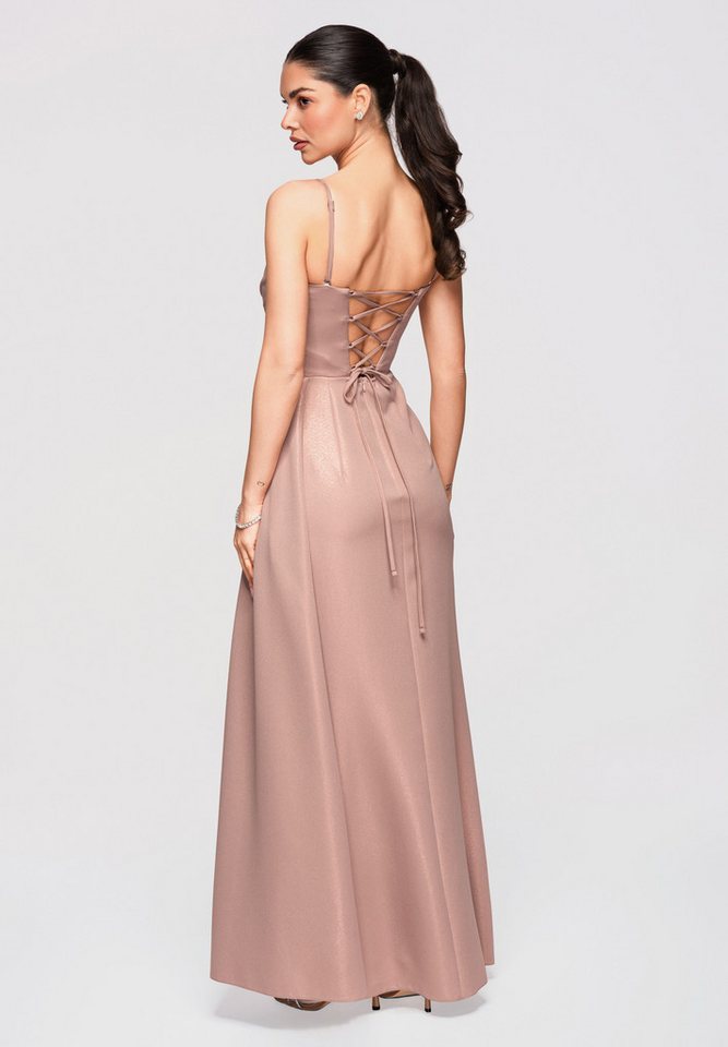 OMBRE Abendkleid Maxikleid Drapierter Abendmode Elegant Beige XS (kein Set, 1-tlg) Geraffte Taille, Schlitz vorne – Bild 4 von 5