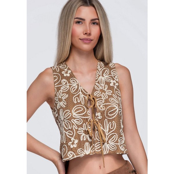 OMBRE Strickweste Damen Strickweste mit V-Ausschnitt und Bindeband Camel L (kein Set, 1-tlg) kurze Weste