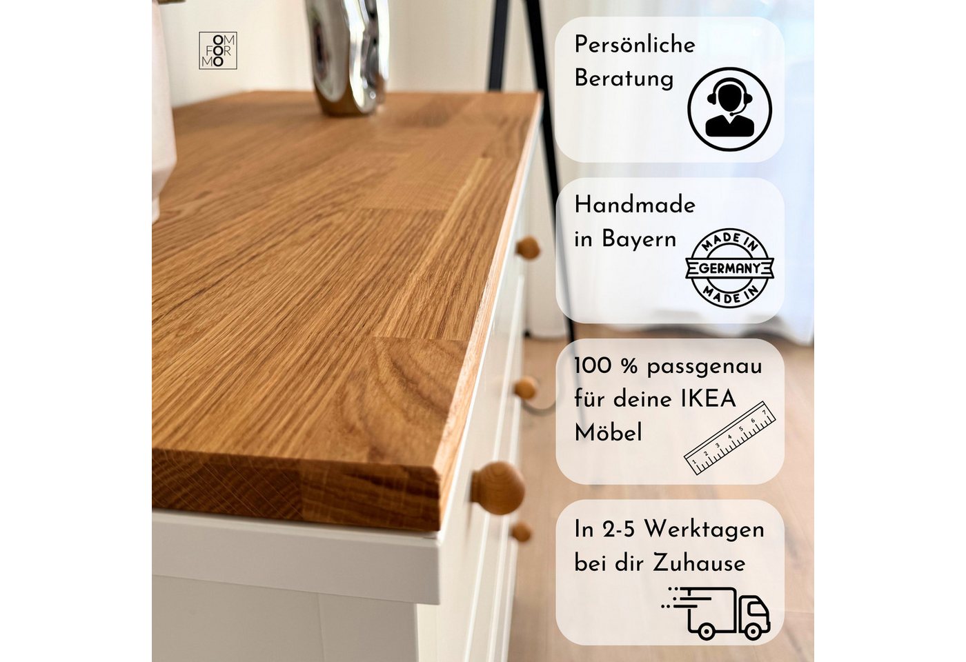 Omformo Abdeckplatte KALLAX Deckplatte aus Eiche Massivholz, (passgenau zum Auflegen), Holzplatte aus massiver Eiche – Bild 4 von 5