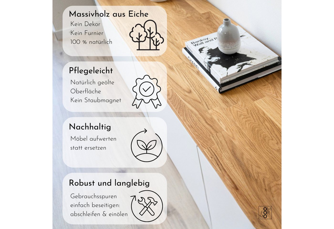 Omformo Abdeckplatte KALLAX Deckplatte aus Eiche Massivholz, (passgenau zum Auflegen), Holzplatte aus massiver Eiche – Bild 5 von 5