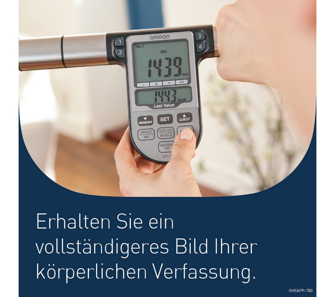 Omron Körper-Analyse-Waage BF511 Ganzkörpermessung mit klinischer Genauigkeit, 8 Sensoren, Körper- & Viszeralfett, Muskelmasse, BMI & RMR, bis 150 kg, 4 Nutzer – Bild 2 von 5