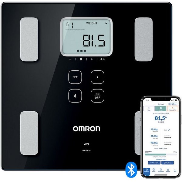 Omron Körper-Analyse-Waage VIVA misst Gewicht, Muskelmasse, Körper- & Viszeralfett, BMI & RMR, präzise Messung bis 180 kg, 4 Nutzer & Gastmodus, mit App
