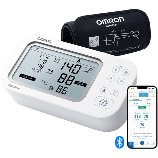Omron Oberarm-Blutdruckmessgerät X7 Smart AFib, 2 Nutzer, mit AFib Screening bei jeder Messung und App, klinisch validiert, für Diabetiker und Schwangere, 22-42