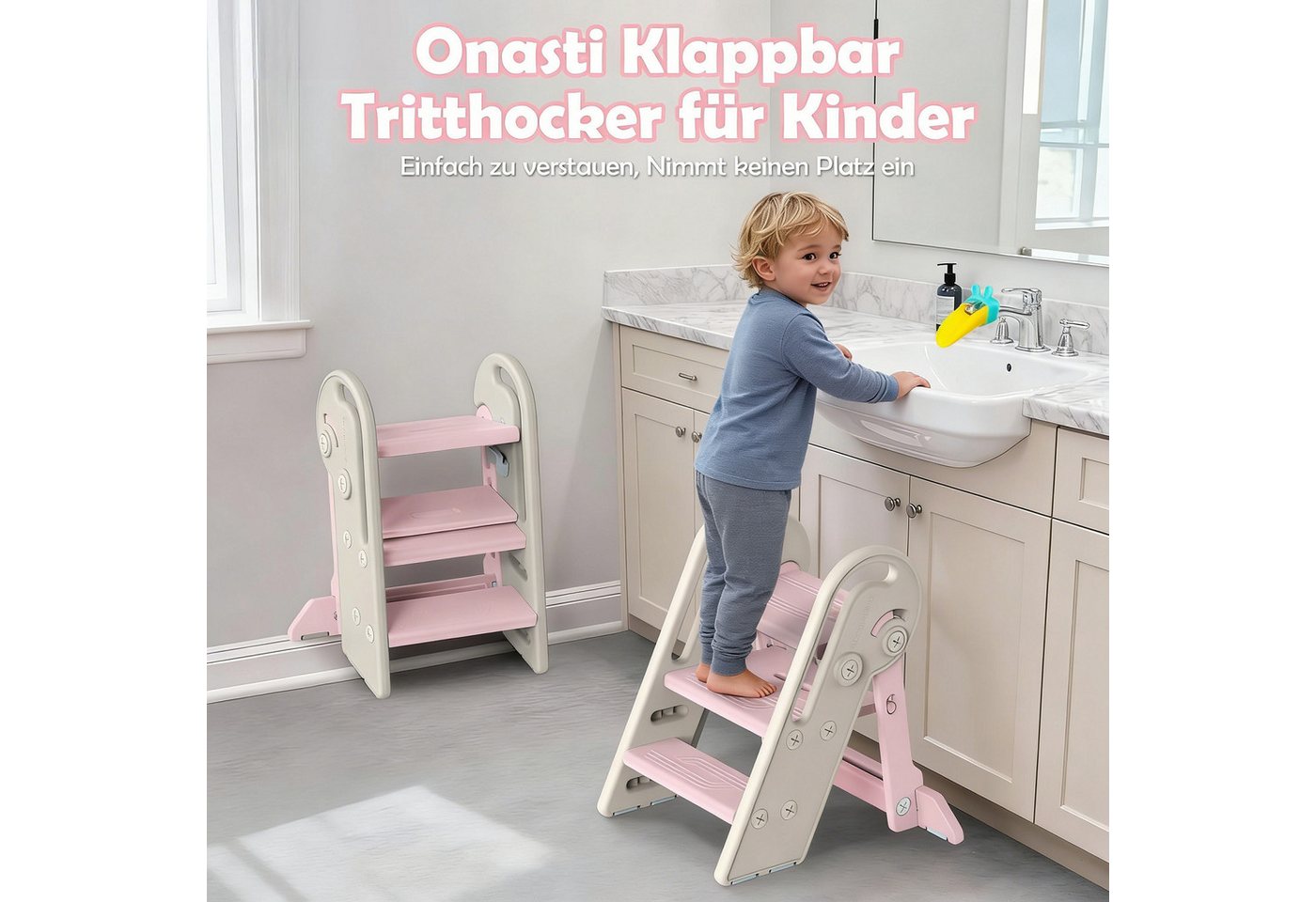 Onasti Tritthocker Kinder-Trittleiter, Tritthocker, Klappbar mit 3 Stufen – Bild 4 von 5