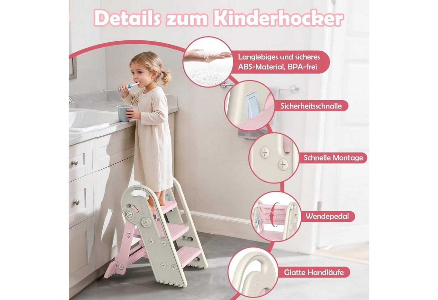 Onasti Tritthocker Kinder-Trittleiter, Tritthocker, Klappbar mit 3 Stufen – Bild 5 von 5