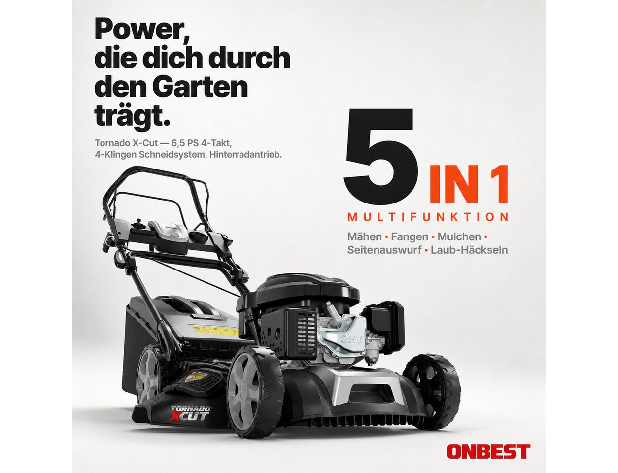 Onbest Benzinrasenmäher mit Antrieb, 5in1, 60 Liter Fangkorb, 51 cm Schnittbreite, 6,5 PS, Mulchkit, Sograd-Lüfterrad – Bild 2 von 5