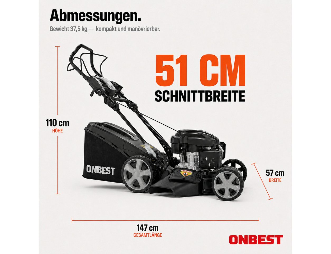 Onbest Benzinrasenmäher mit Antrieb, 5in1, 60 Liter Fangkorb, 51 cm Schnittbreite, 6,5 PS, Mulchkit, Sograd-Lüfterrad – Bild 5 von 5