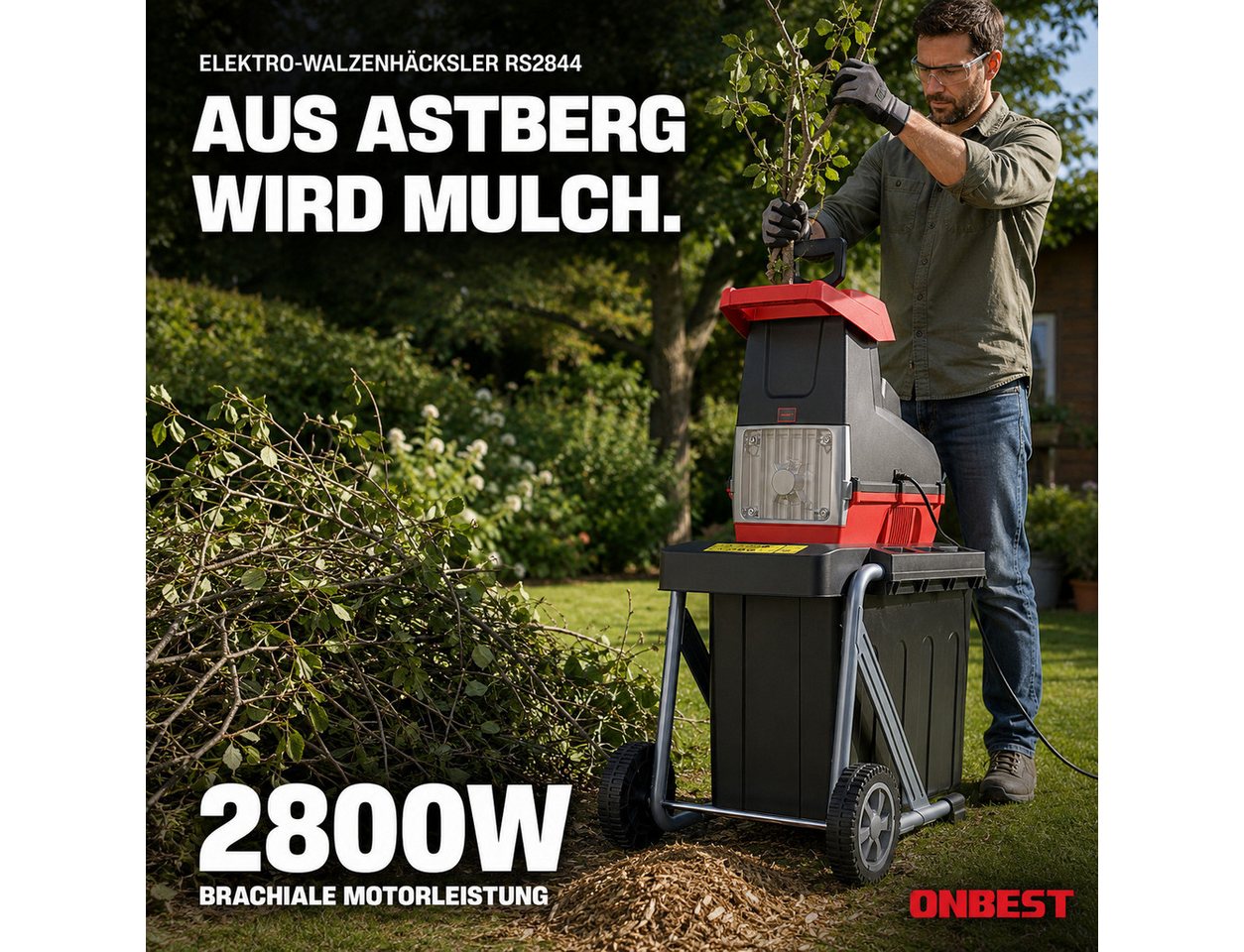 Onbest Messerhäcksler RS2844 mit Stopfer, 2800W, 60L Fangbox, 4,4 cm max. Astdurchmesser, Rücklauf, Selbsteinzug – Bild 2 von 5