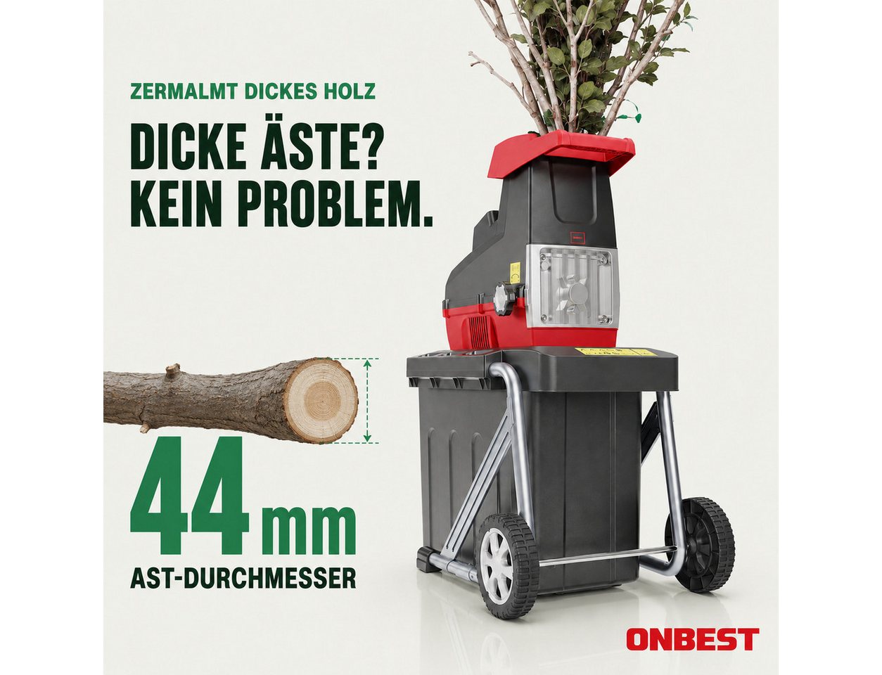 Onbest Messerhäcksler RS2844 mit Stopfer, 2800W, 60L Fangbox, 4,4 cm max. Astdurchmesser, Rücklauf, Selbsteinzug – Bild 3 von 5