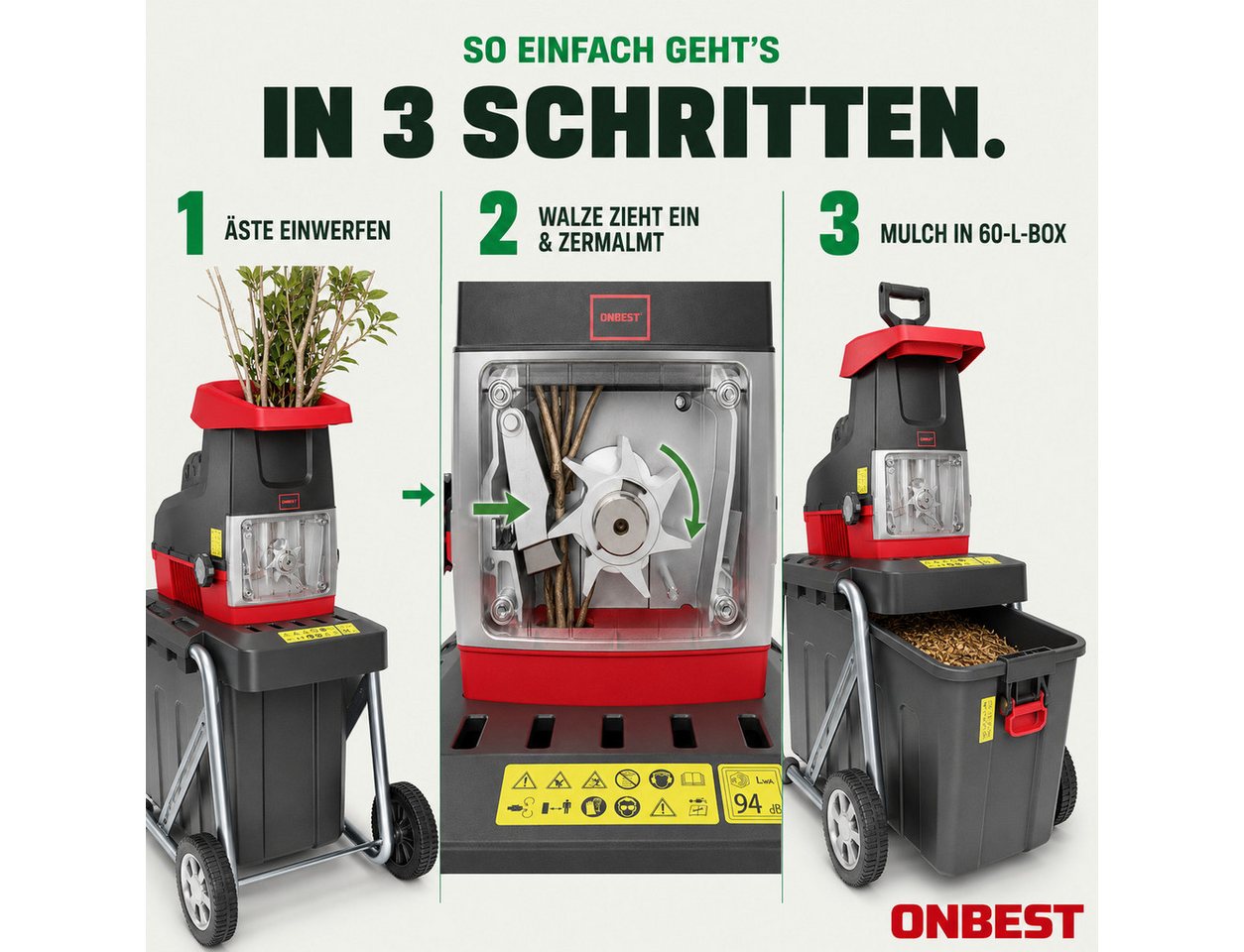 Onbest Messerhäcksler RS2844 mit Stopfer, 2800W, 60L Fangbox, 4,4 cm max. Astdurchmesser, Rücklauf, Selbsteinzug – Bild 4 von 5