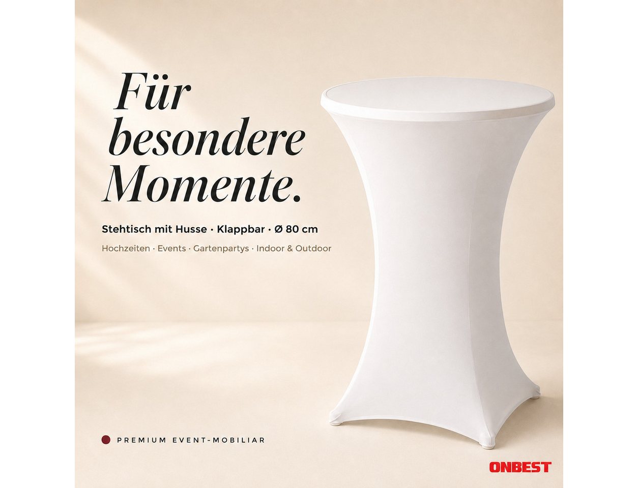 Onbest Stehtisch mit Tischhusse Ø 80 cm klappbar, 2,5 cm Holzplatte, 60 kg Tragkraft, Hitzebständig, Weiß – Bild 2 von 5