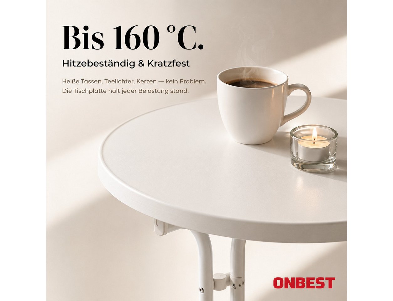 Onbest Stehtisch mit Tischhusse Ø 80 cm klappbar, 2,5 cm Holzplatte, 60 kg Tragkraft, Hitzebständig, Weiß – Bild 4 von 5