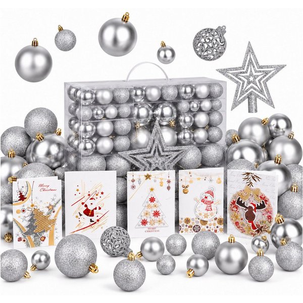 Onbest Weihnachtsbaumkugel Weihnachtskugeln 128-teiliges Set PLUS 5x Karten & 1x Baumspitze, in 3 Größen, 3 Designs, Weihnachtsschmuck Weihnachtsdeko