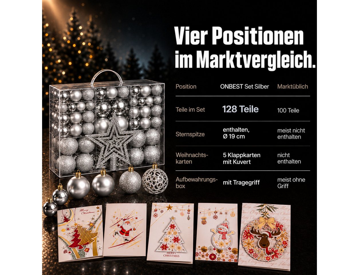 Onbest Weihnachtsbaumkugel Weihnachtskugeln 128-teiliges Set PLUS 5x Karten & 1x Baumspitze, in 3 Größen, 3 Designs, Weihnachtsschmuck Weihnachtsdeko – Bild 3 von 5