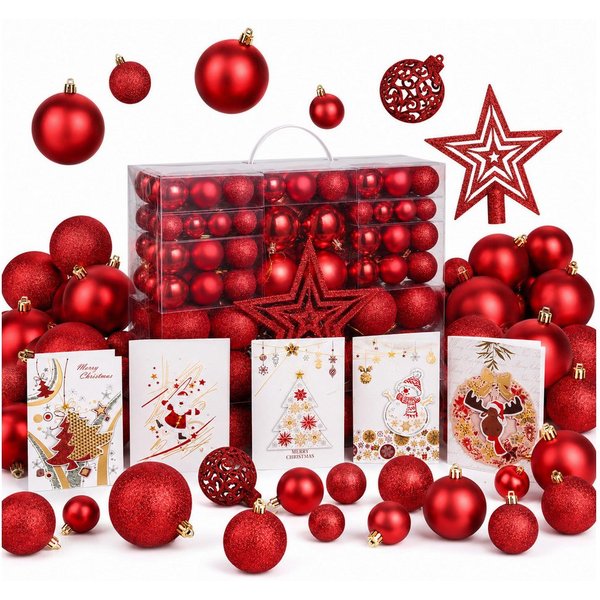Onbest Weihnachtsbaumkugel Weihnachtskugeln 128-teiliges Set PLUS 5x Karten & 1x Baumspitze, in 3 Größen, 3 Designs, Weihnachtsschmuck Weihnachtsdeko